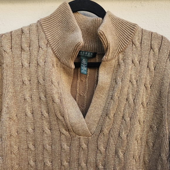 5/$100 SALE -  Vintage Ralph Lauren Gold Metallic Mock Neck Cableknit Sweater - Picture 10 of 11